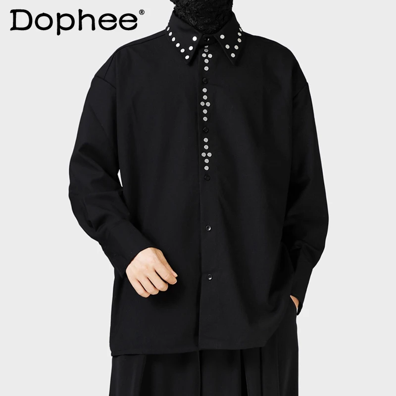 

Original Oversize Trendy Men's Shirts 2025 Autumn New Fashion Rivet High-end Loose Tops Padded Shoulder Long Sleeve Chic Shirts