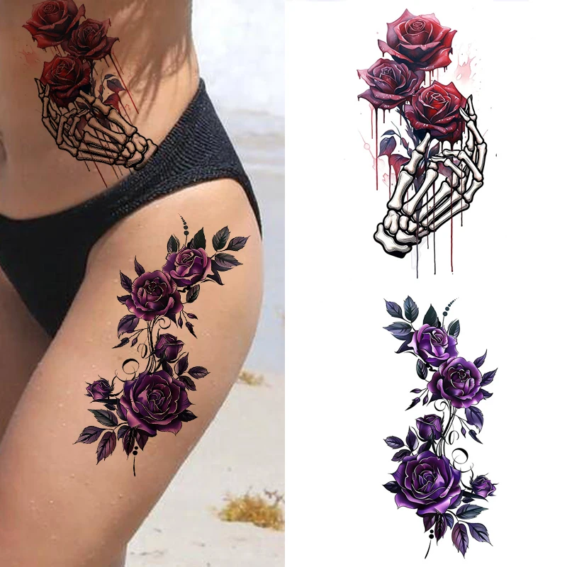 

Tattoo Stickers Sexy Purple Rose Flower Leaves Body Art for Men Women Temporary Waterproof Daily Party Half Arm Makeup