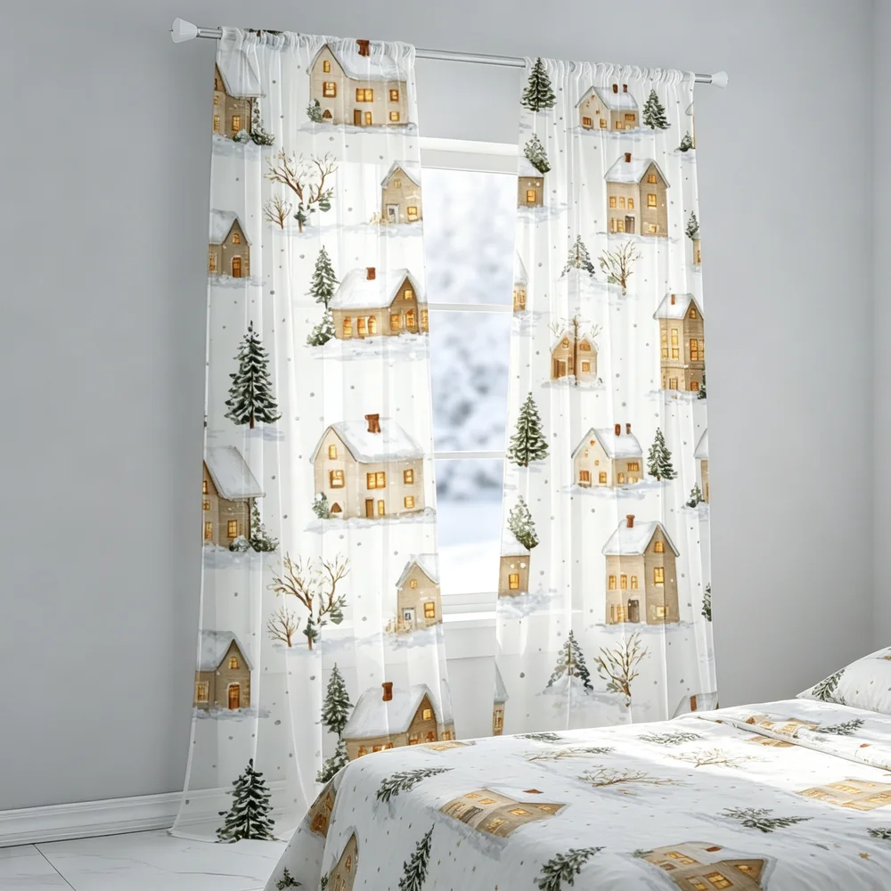 Curtain Rods - 2PCS Sheer Curtains, Snowy Village House