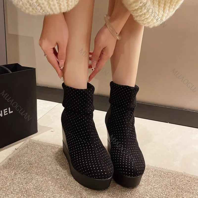 웨지 여성용 앵클 스노우 부츠 플랫폼 스웨이드 하이힐 신발 2026 신상 패션 여성 첼시 부츠 겨울 캐주얼 부츠