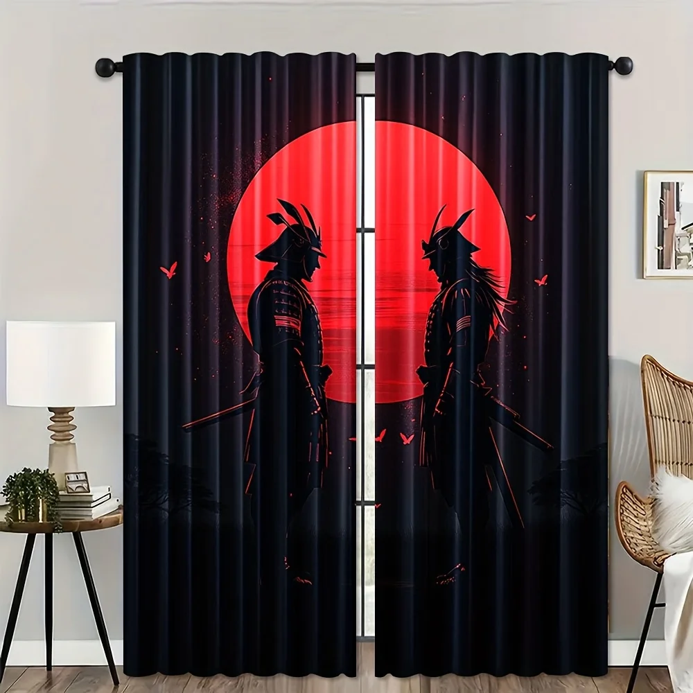 2pcs, Japanese Samurai Ink Pattern Doorway Curtains Light Filtering Rod Pocket Design for Living Room Bedroom Office