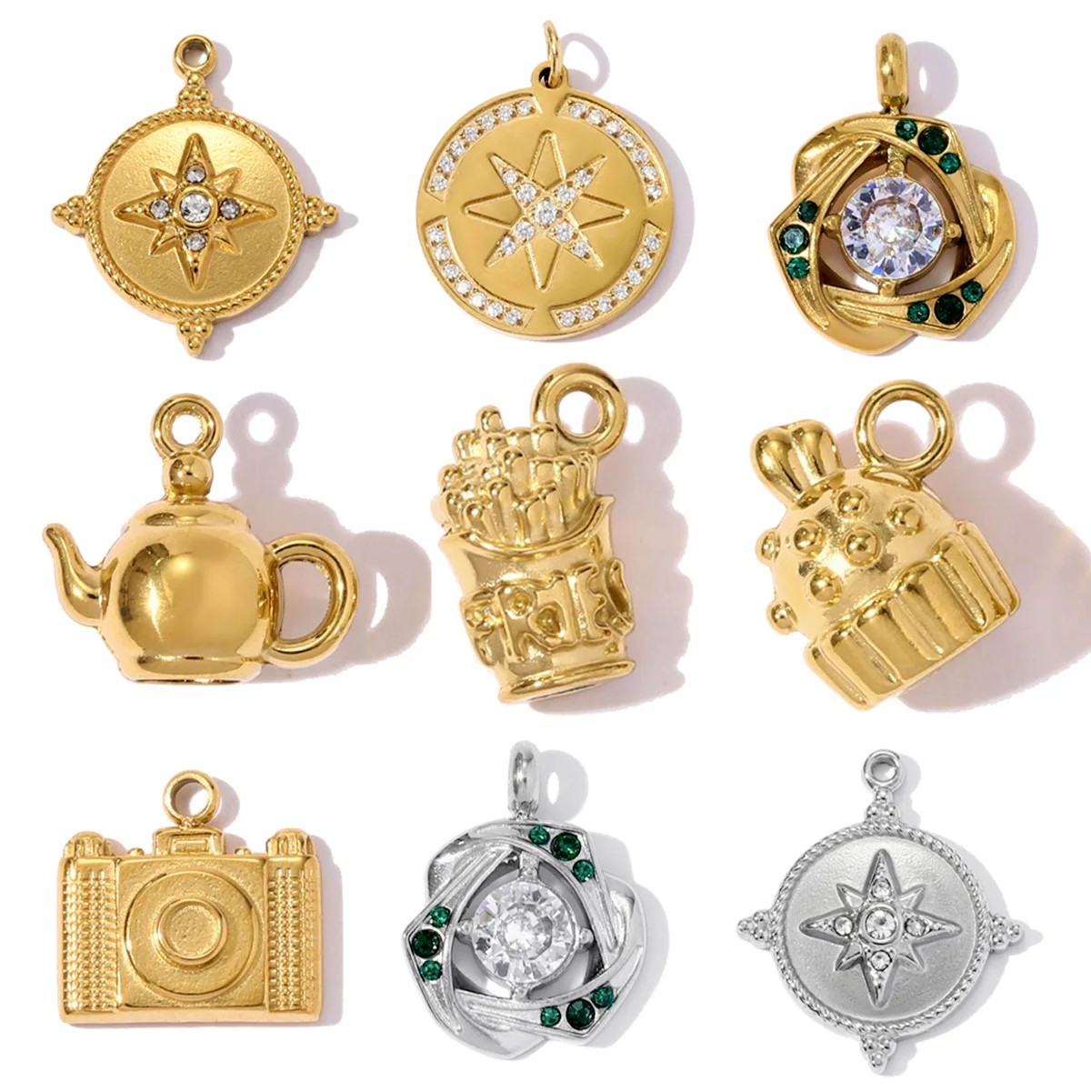 3pcs/Lot Stainless Steel Camera Cupcake Necklace Pendant Crystal Star Flower DIY Earring Charm Women French Fries Jewelry Wholes
