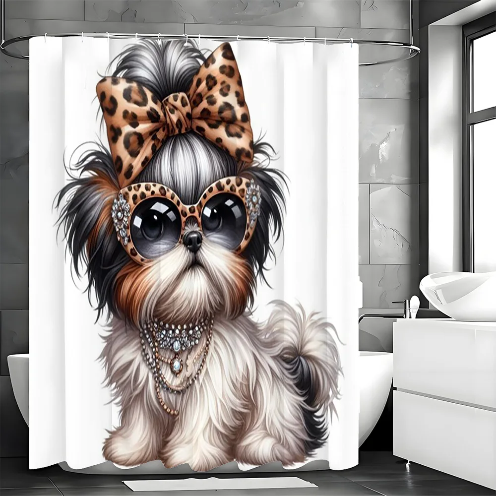 

Милая занавеска для душа с леопардовым принтом и щенком, моющаяся грязеотталкивающая насадка для душа, водонепроницаемая полиэстеровая занавеска для ванны для домашнего декора