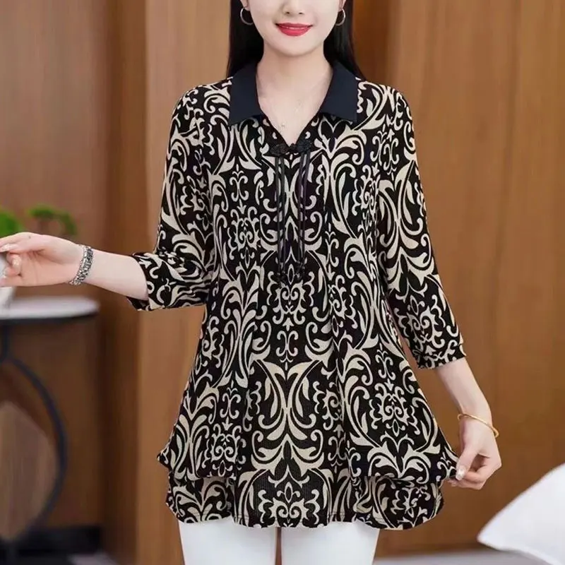 Folk Printed 3/4 Sleeve Blouse Fashion Chinese Disc Buckle Summer Turn-down Collar Female Clothing Loose Vintage Spliced Shirt