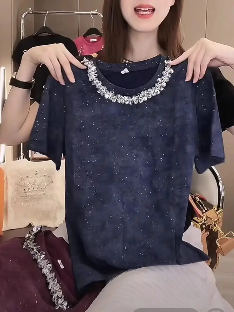 

Круглая футболка Ne Glitter ort Sve ex Summer Faionable для похудения, повседневный свободный крой, влажный ng