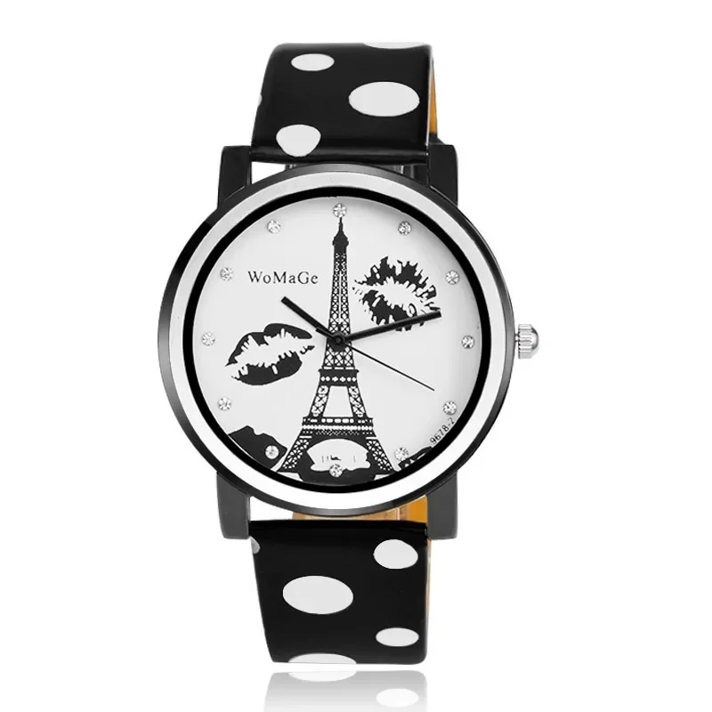 WOMAGE Women Watch Fashion Eiffel Tower Watch Polka Dot Leather Ladies Watch Women's Watches relogio feminino bayan kol saati