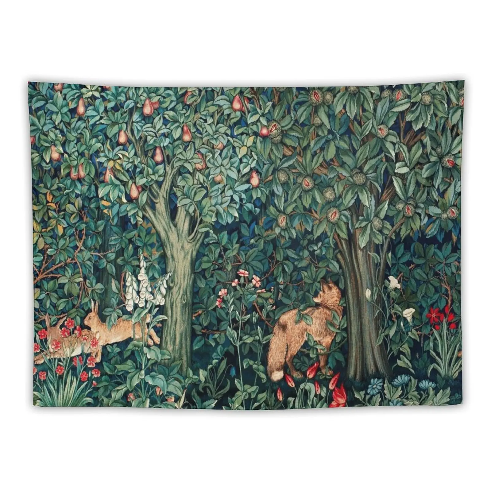 

GREENERY, FOREST ANIMALS Fox and Hares Blue Green Floral Tapestry Tapestry Room Decor Room Decor Korean Style Tapestry