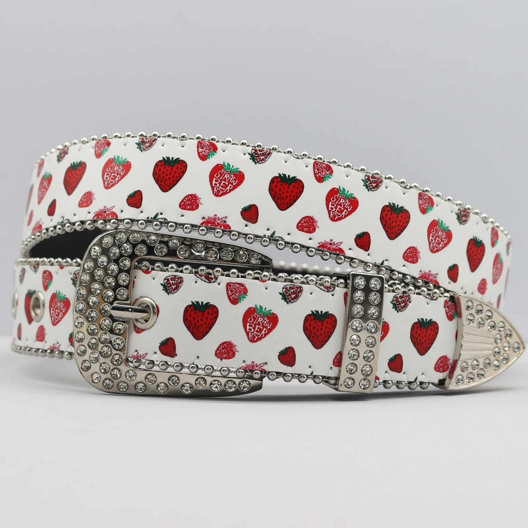 Fashionable Y2K unisex rhinestone belt, strawberry pattern printed belt, rivet decoration, durable alloy buckle.