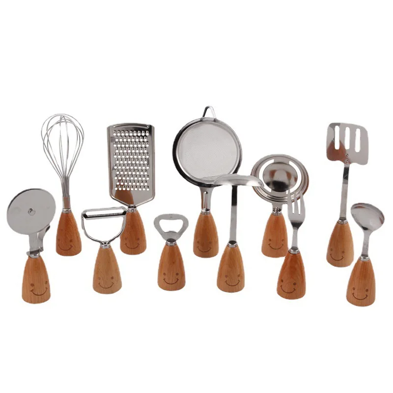 

Stainless Steel Kitchen Baking Tools Set, Korean Food Tableware, Egg Beater, Net Leakage Idea, Wooden Package, 11Pcs