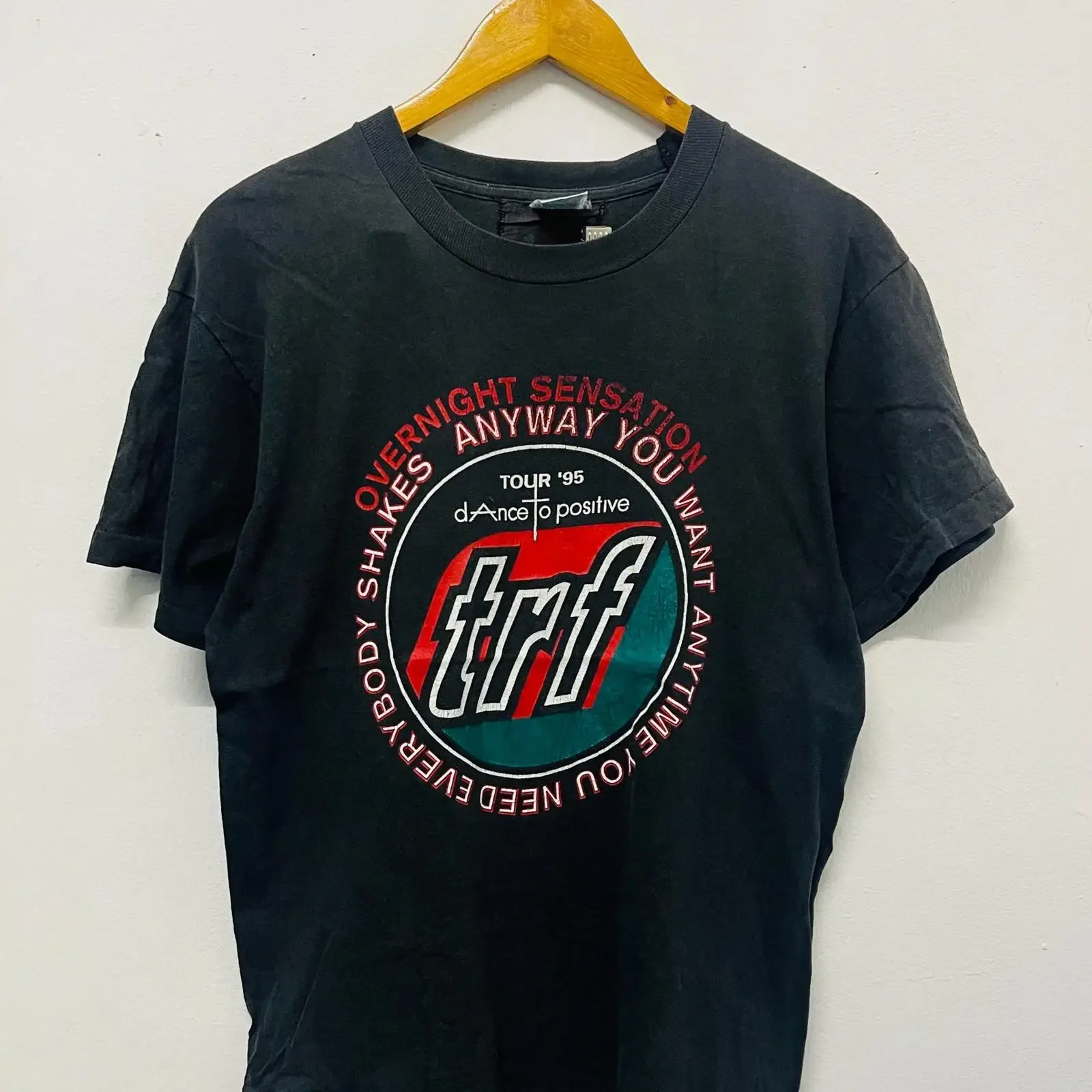 Vintage 90s TRF Overnight Sensation Tour '95 Dance to Positive Band T Shirt Black vintage Washed Versatile streetwear graphic