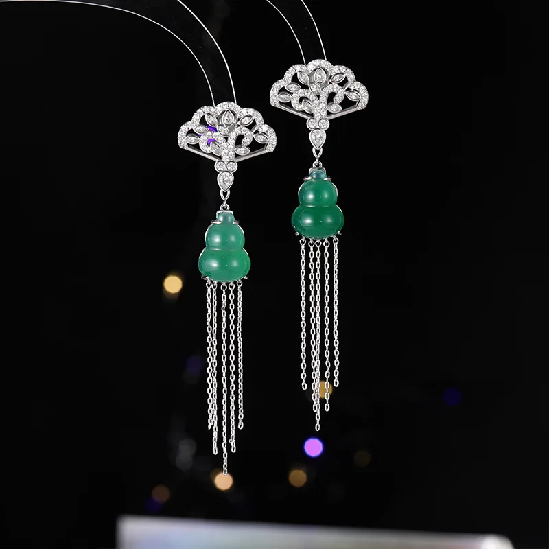 Vintage Chinese Jade Gourd Long Tassel Earrings for Women Party Hanfu Cheongsam Fringe Cubic Zircon Drop Dangle Earrings Jewelry