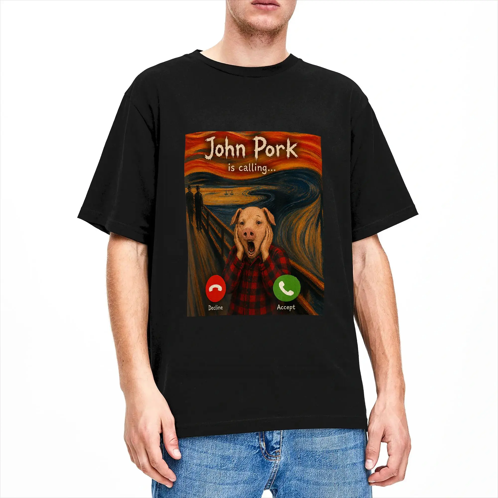 John Pork The Scream Edvard Munch Art Parody Funny Meme T-Shirt Men Cotton Tee Shirt O Neck Short Sleeve T Shirts Summer Tops