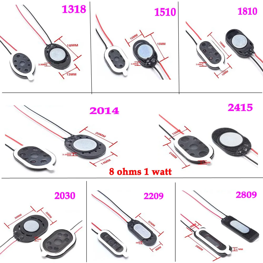 

100pcs New Ultra-thin speaker 8 ohms 1 watt 1W 8R speaker Diameter thickness Connector 1318/1510/2014/2030/2415/2209/2809/1810