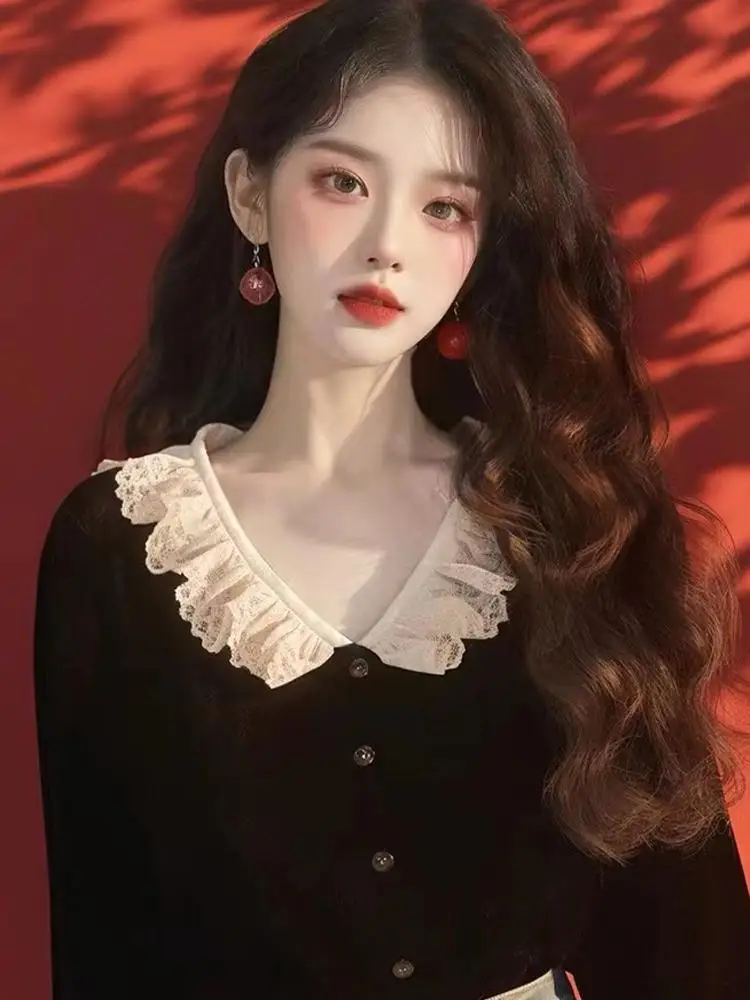 

Velvet Long Sve V-Ne irt Women's Faion Spring Autumn Bell Sve Commute Sle Korean Loose Fit Button Splice