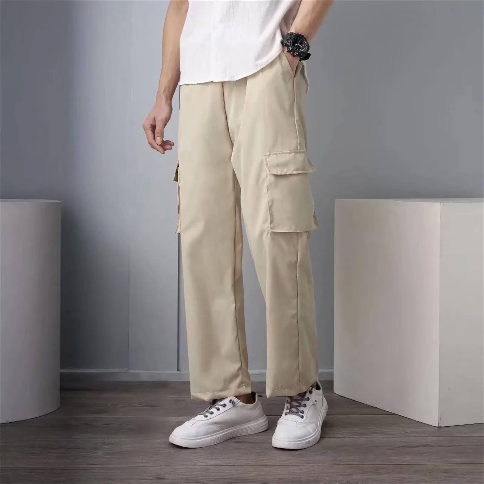 Salopette da uomo americana High Street tinta unita multitasche pantaloni casual comodi pantaloni larghi e comodi a gamba lunga dritta