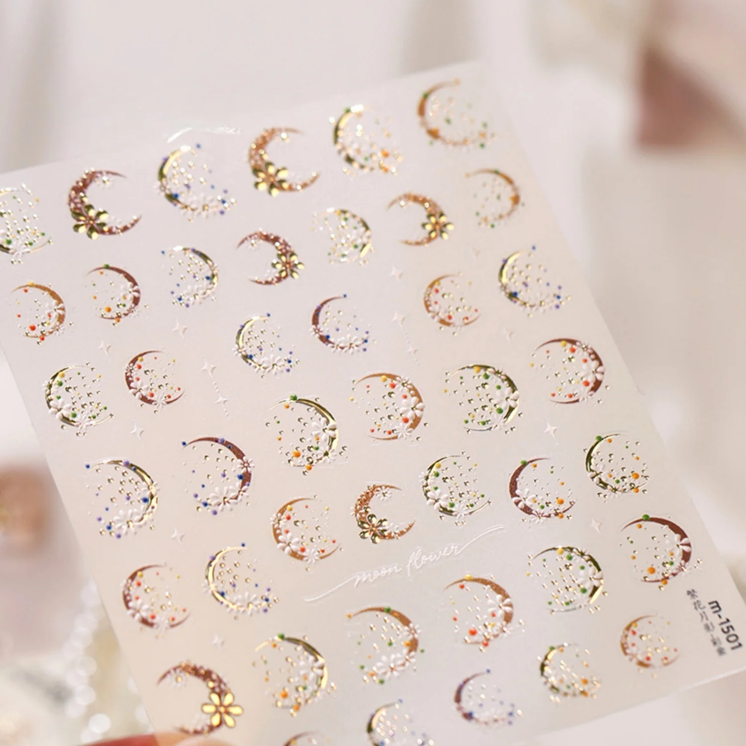 Moon Flower Embossed 5D Nail Art Stickers Gilded Floral Crescent Golden Stem Four Star Rhinestone Decal Self Adhesive Manicure