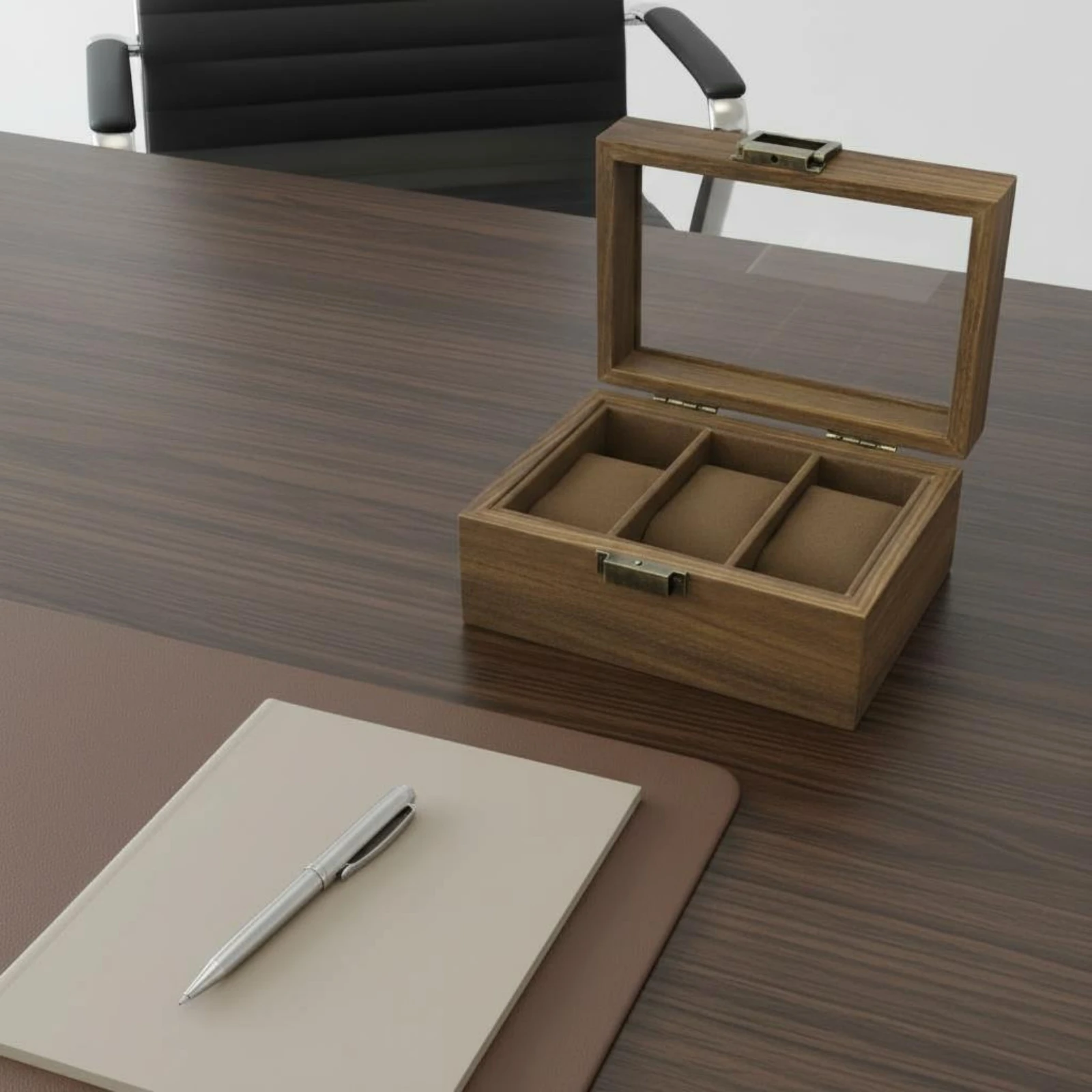 Watch Display Box Velvet Lined Glass-Top Watch Box Timepiece Holder Walnut Wood-Grain Home Storage Metal Latch