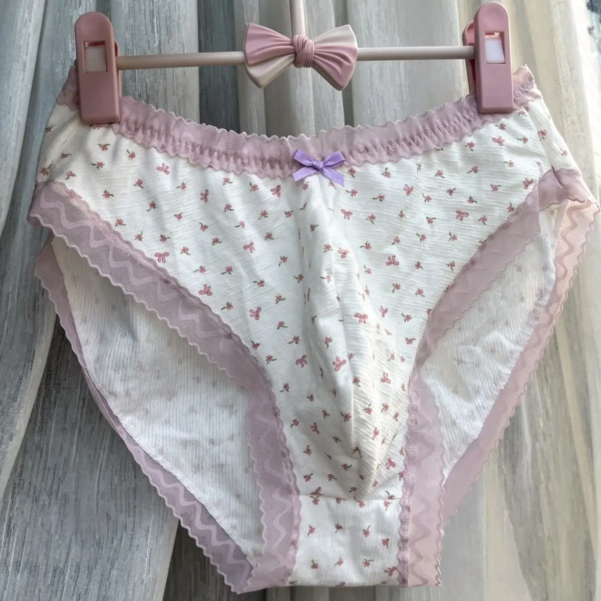 Handmade Man's Pink Flower Lace Hem Lace Cute Design Male LGBQT Brief BF Panty BF Gits(flower may slittly varies)