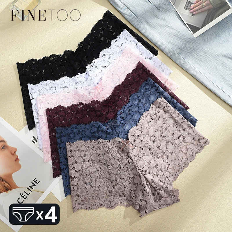 

FINETOO, 4 шт., женские кружевные шорты с цветочным принтом для мальчиков, трусики, сексуальное перспективное нижнее белье для девочек, мягкое нижнее белье с низкой талией, нижнее белье