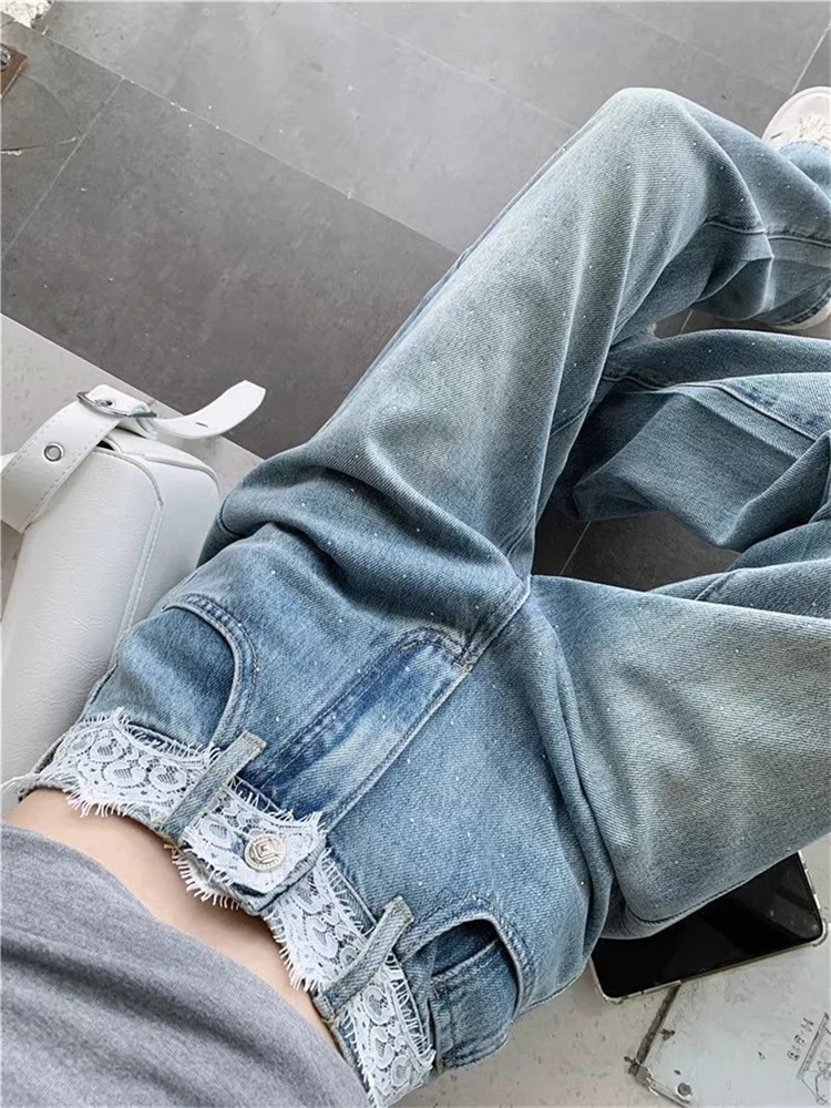 Women's Design Lace Small Paste Diamonds Jeans Street Clothes Girl Streetwear Denim Trousers Vintage Female Fashion Baggy Pants