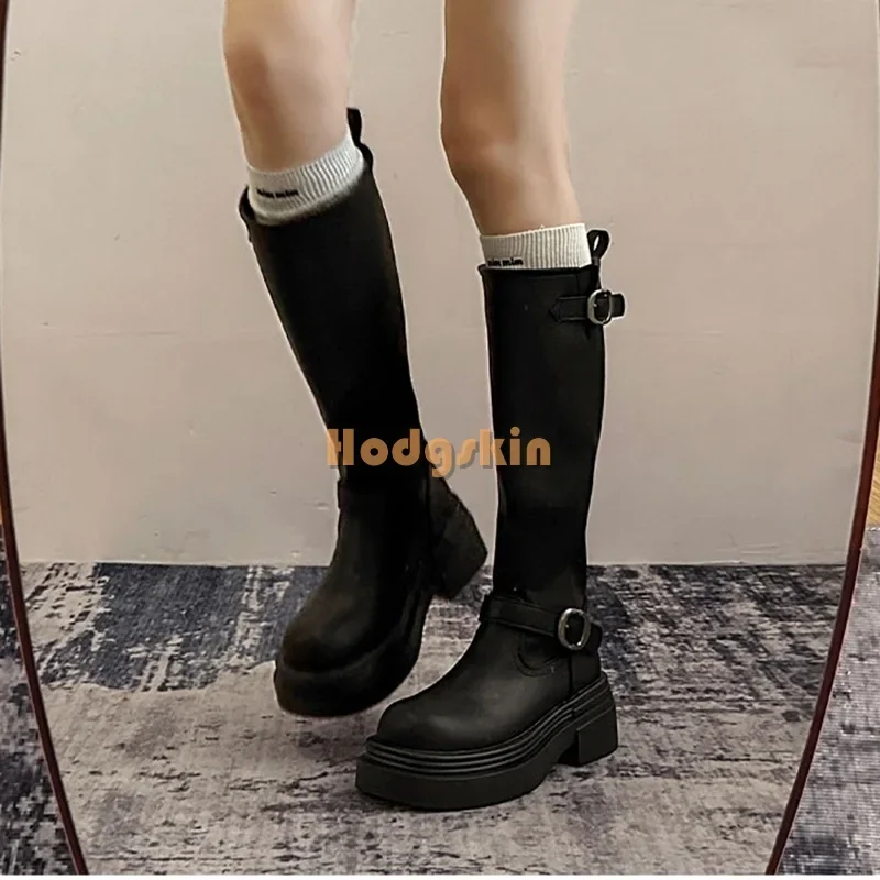 

Black Metal Buckle Straps Boots Concise Solid Round Toe Square Heel Mid-calf Boots Slip-on Women New Autumn Casual Shoes 2025