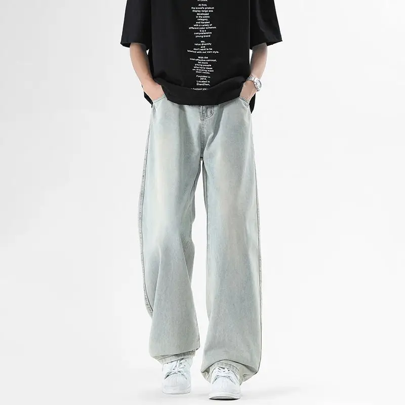 Men's Street Jeans, Simple And Wide Leg Trend Spring And Autumn Elastic Distressed Retro Loose Straight Leg Casual Pants