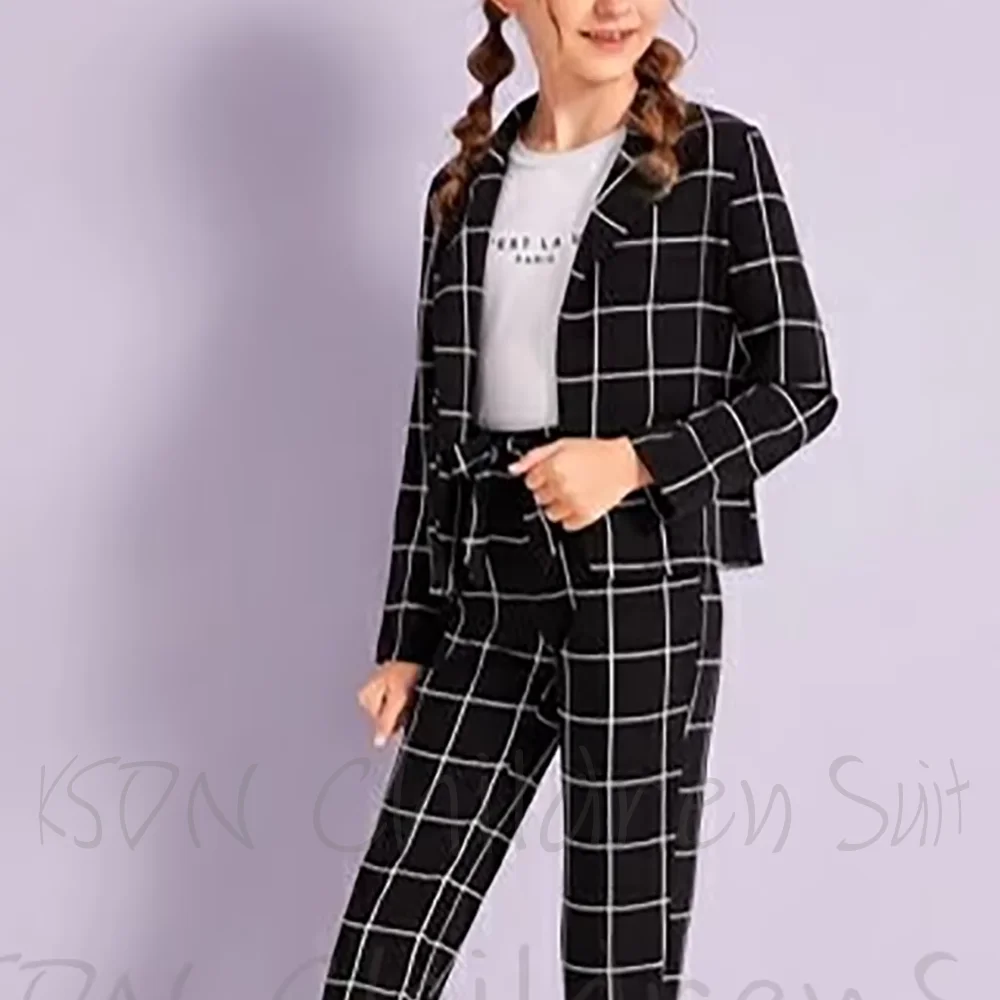 

Черная детская одежда в клетку, костюм для девочек, куртка, брюки, обычный однобортный детский комплект, одежда для торжественных случаев