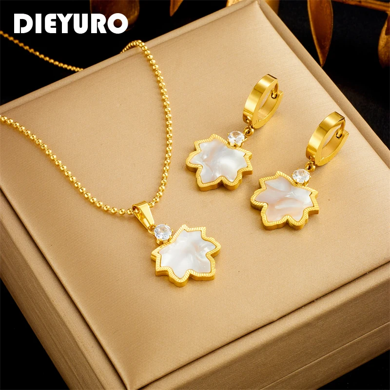 DIEYURO 316L Stainless Steel Maple Leaf Zircon Pendant Necklace Earrings For Women Girl New Trendy Choker Jewelry Set Gift Party