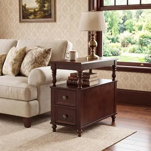 Solid Wood End Table, Vintage Side Table with 2 Drawers & 2-Tier Open Shelf, Mid-Century Nightstand, Slim Bedside Table