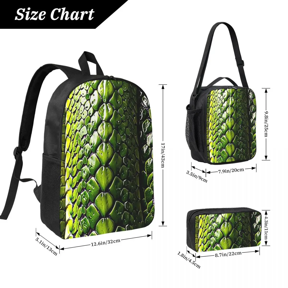 Snake Skin Green Snake Serpent Animal Backpack BookBag School Bag Computer Shoulder Bags 3ps Insulated Lunch Bag Pencil Case