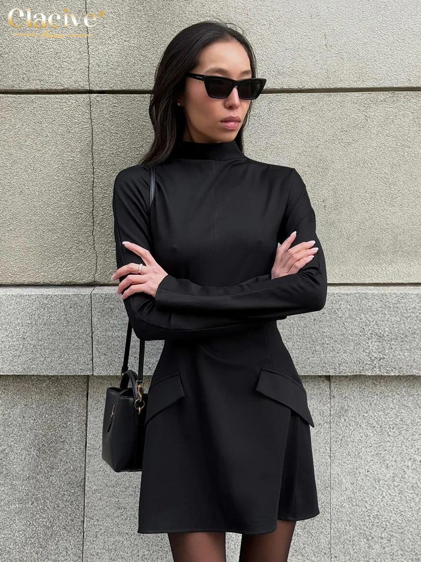 Clacive Fashion Slim Black Knitted Dress Lady Bodycon Stand Collar Long Sleeve Mini Dress Elegant Classic Dresses For Women 2025