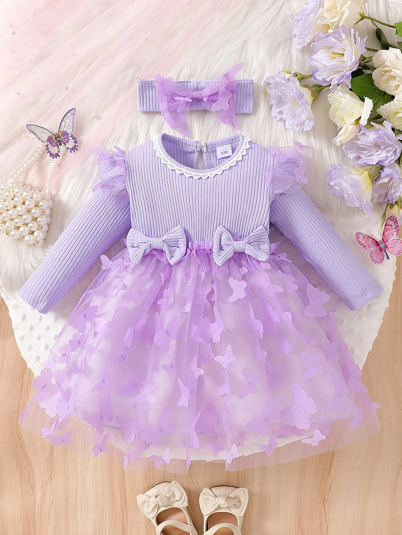Newborn Baby Girl 2Pcs Set Purple Long Sleeve Crew Neck Lace Butterfly Tulle Spliced Dress Cute Princess Party Outfit Spring Aut