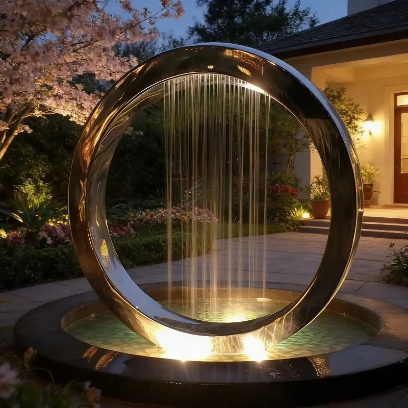 Custom Mirror Polished Circular Ring Stainless Steel Waterfall Fountain Sculpture Outdoor Art Decor Public Park Plaza Landscape