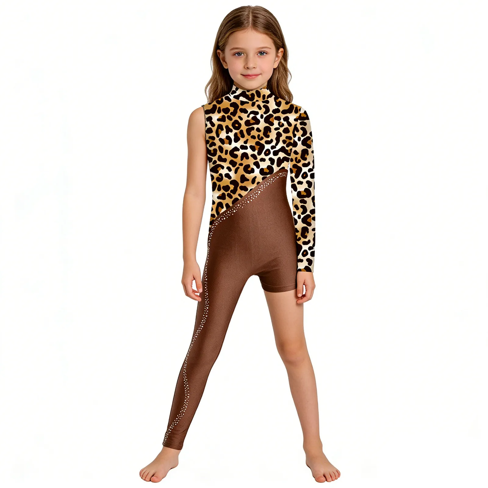 Children Girls Gymnastics Ballet Dance Figure Skating Acrobatics Leotard Shiny Rhinestone Zipper Print Jumpsuit for Yoga Sports