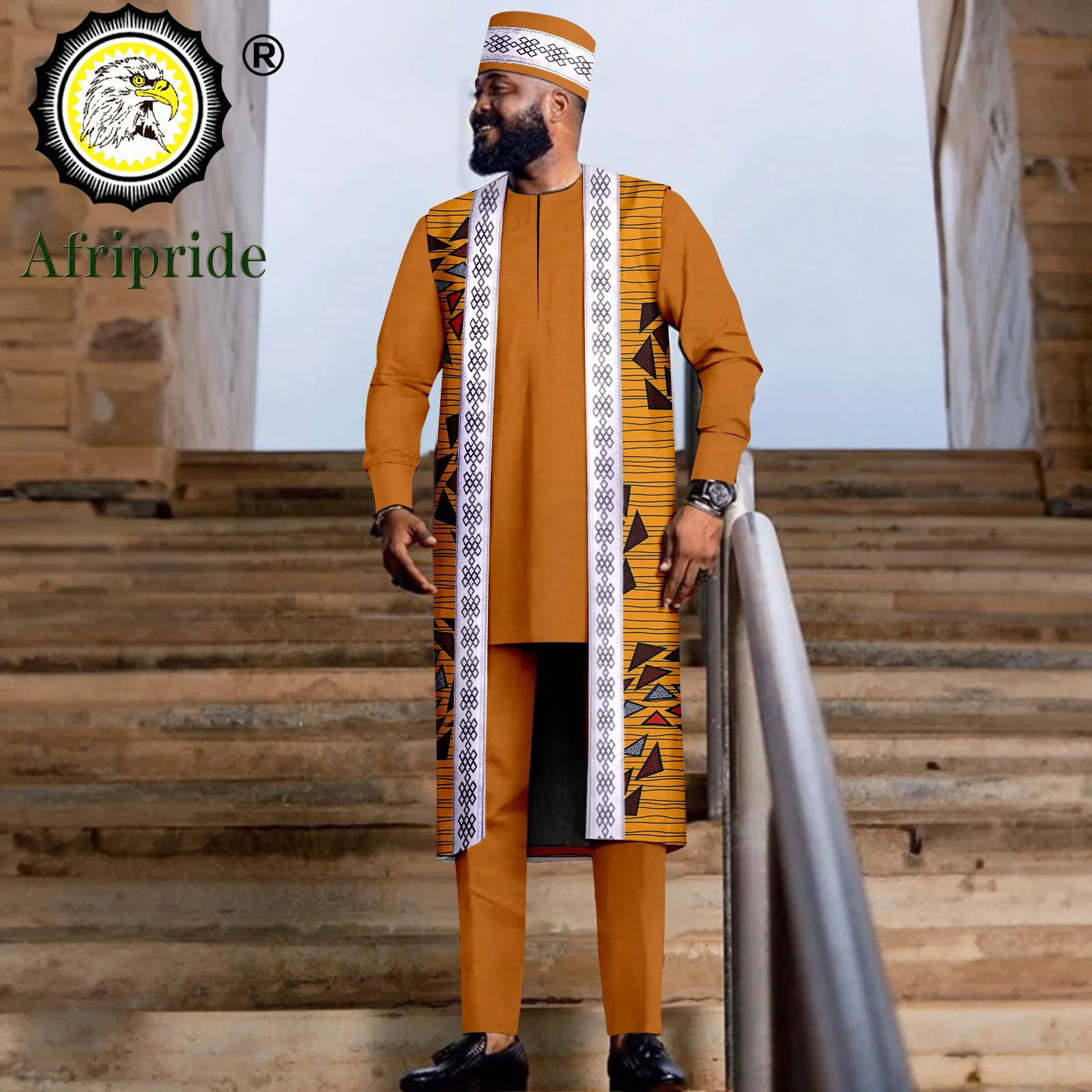 Trajes africanos para hombres, chaqueta bordada, camisas, pantalones y sombrero Tribal, conjunto Dashiki, atuendo tradicional para boda, 2416028