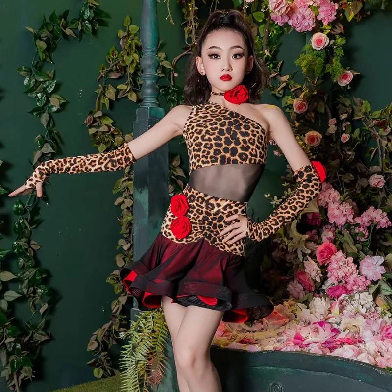 تنورة لاتينية مخصصة للفتيات لممارسة طباعة الفهد زي تدريب الأداء تشا تشا تانجو سامبا رومبا فستان رقص #1