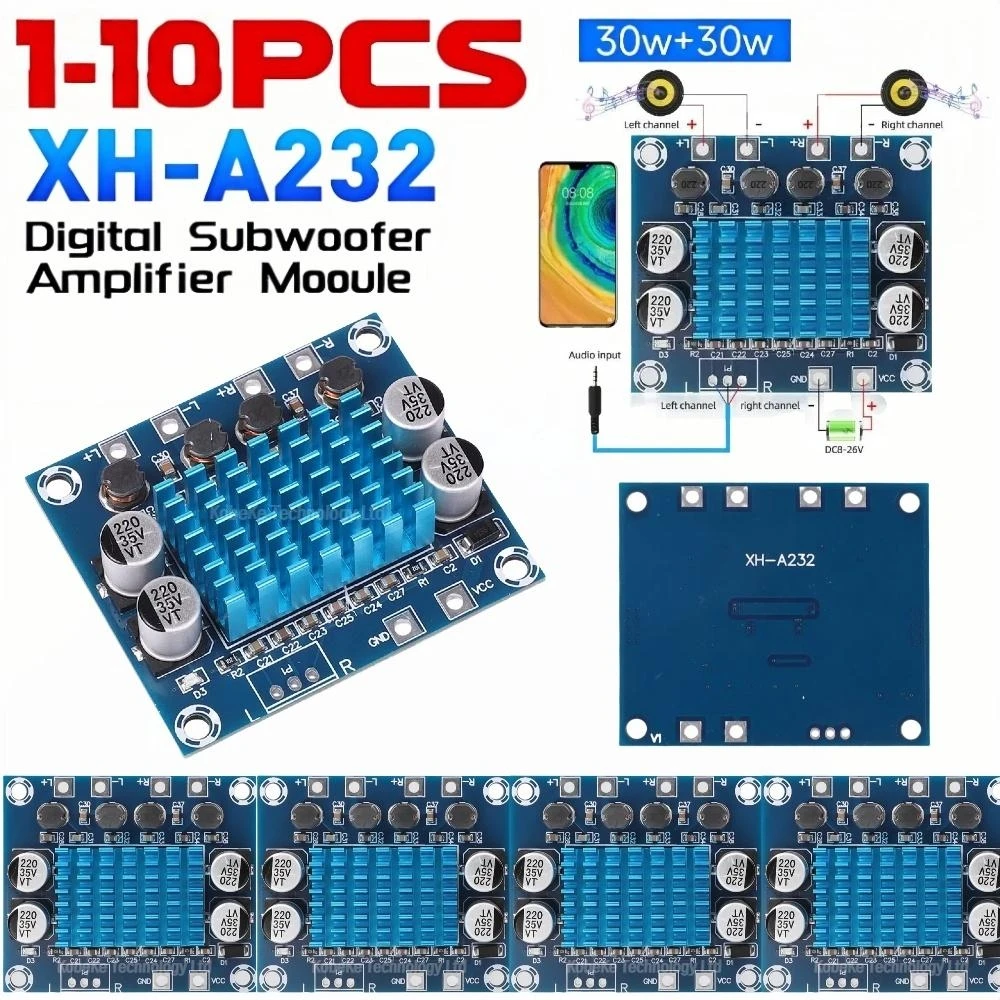 1-10PCS XH-A232 Amplifier Board Replacement 30w+30w Digital Woofer Stereo Audio Speaker Bass Amplifier Module Board Accessories