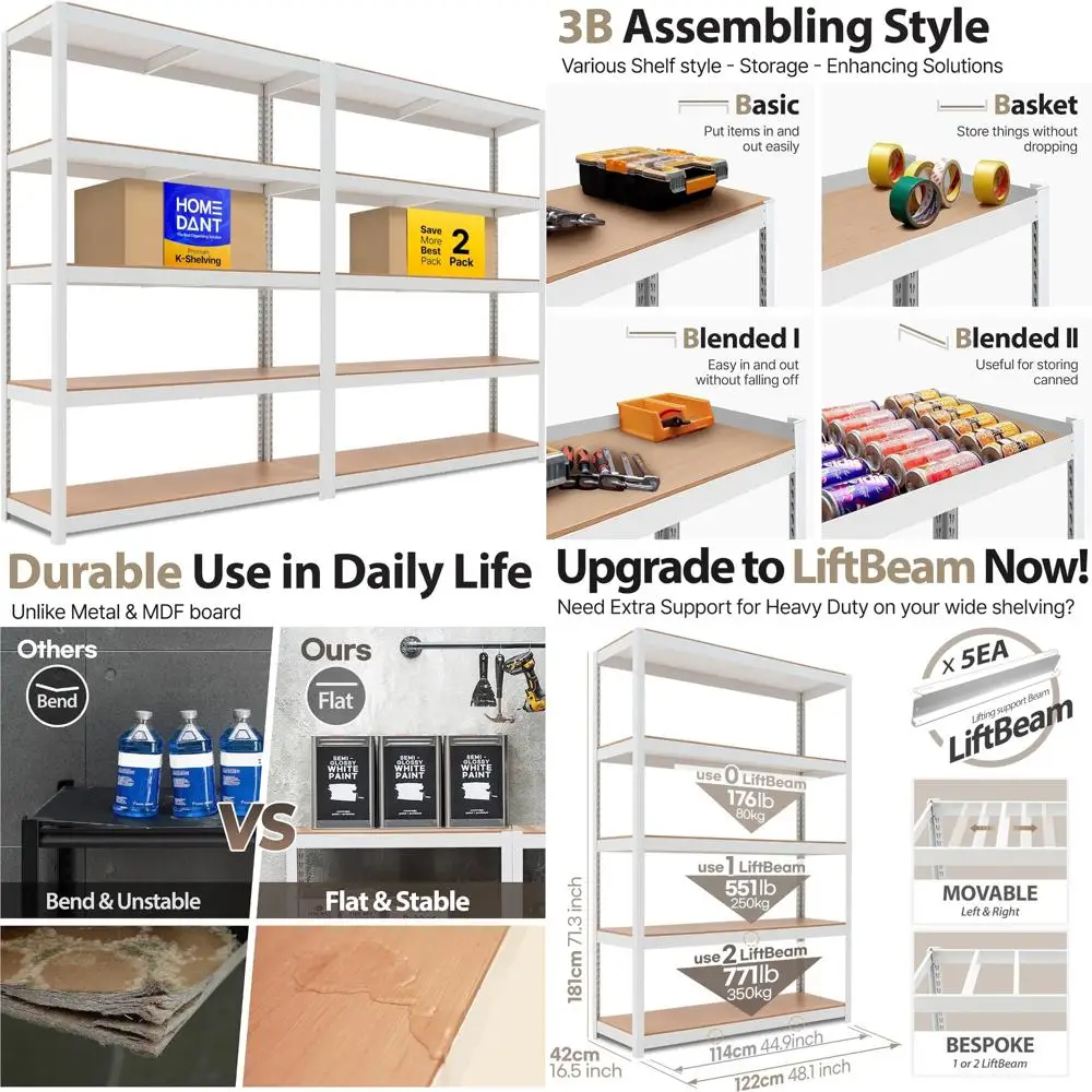 

White Heavy-Duty 48 Wide Boltless Garage Storage Shelving System with 5 Adjustable Metal Shelves and Laminated Organization