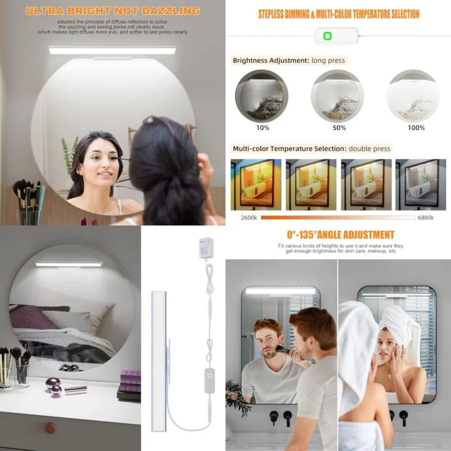 

Bright Dimmable Led Vanity Light Bar for Mirror, 2600K-6800K Adjustable Color Temperature Bathroom Vanity Light Fixtures, 0°-13