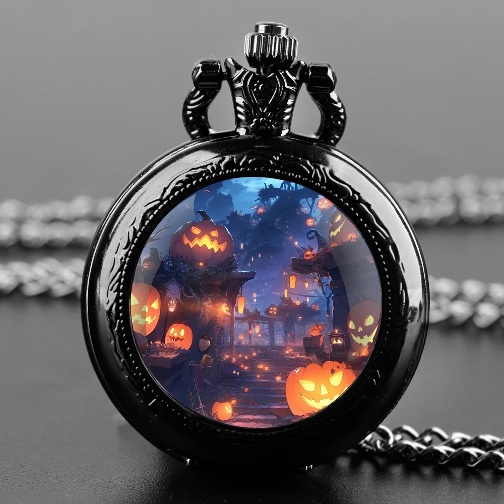 Halloween Jack o 'Lantern Glass Dome Vintage Arabic Numerals Quartz Pocket Watch Necklace Pendant Clock Chain Men Women for Kids