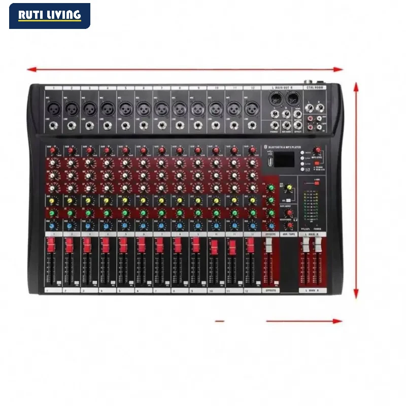 RUTI Professional Audio Mixer 12 Channel Studio Audio Console USB MP3 Input 48v Phantom Power DJ Console