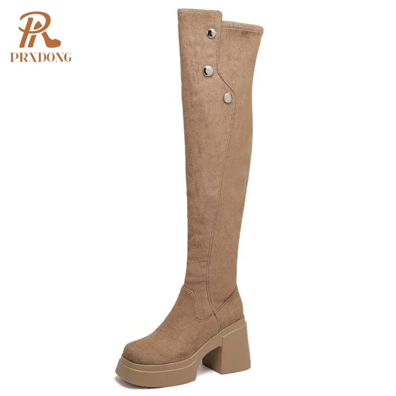 PRXDONG Damskie buty jesienno-zimowe 2024 Nowa moda Wysokie obcasy Gruba platforma Czarna sukienka Party Casual Over The Knee High Boots