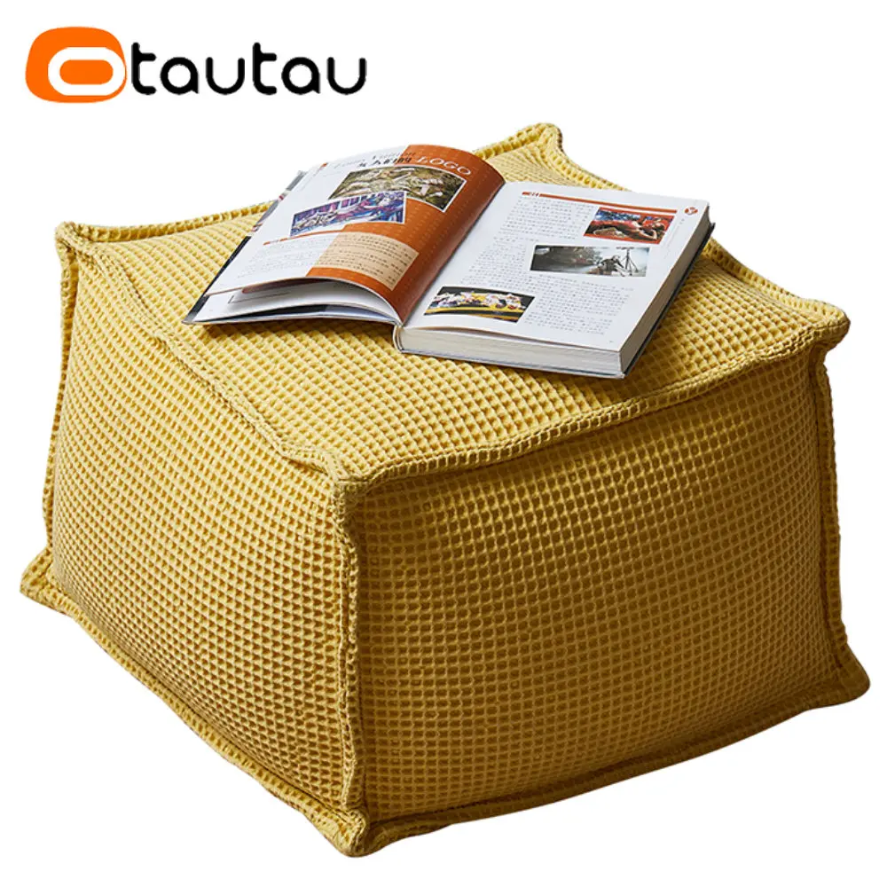 OTAUTAU 100% Pure Cotton Waffle Beanbag Stool Ottoman with Filling Square Bean Bag Corner Seat Footrest Footstool Futon JD008