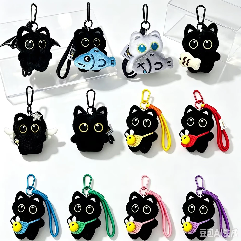 Cute Black Cat Keychain Pendant Backpack Hanging Plush Doll Kitty Cell Phone Charm Bag Keychain Halloween Pendant Keyring Decor