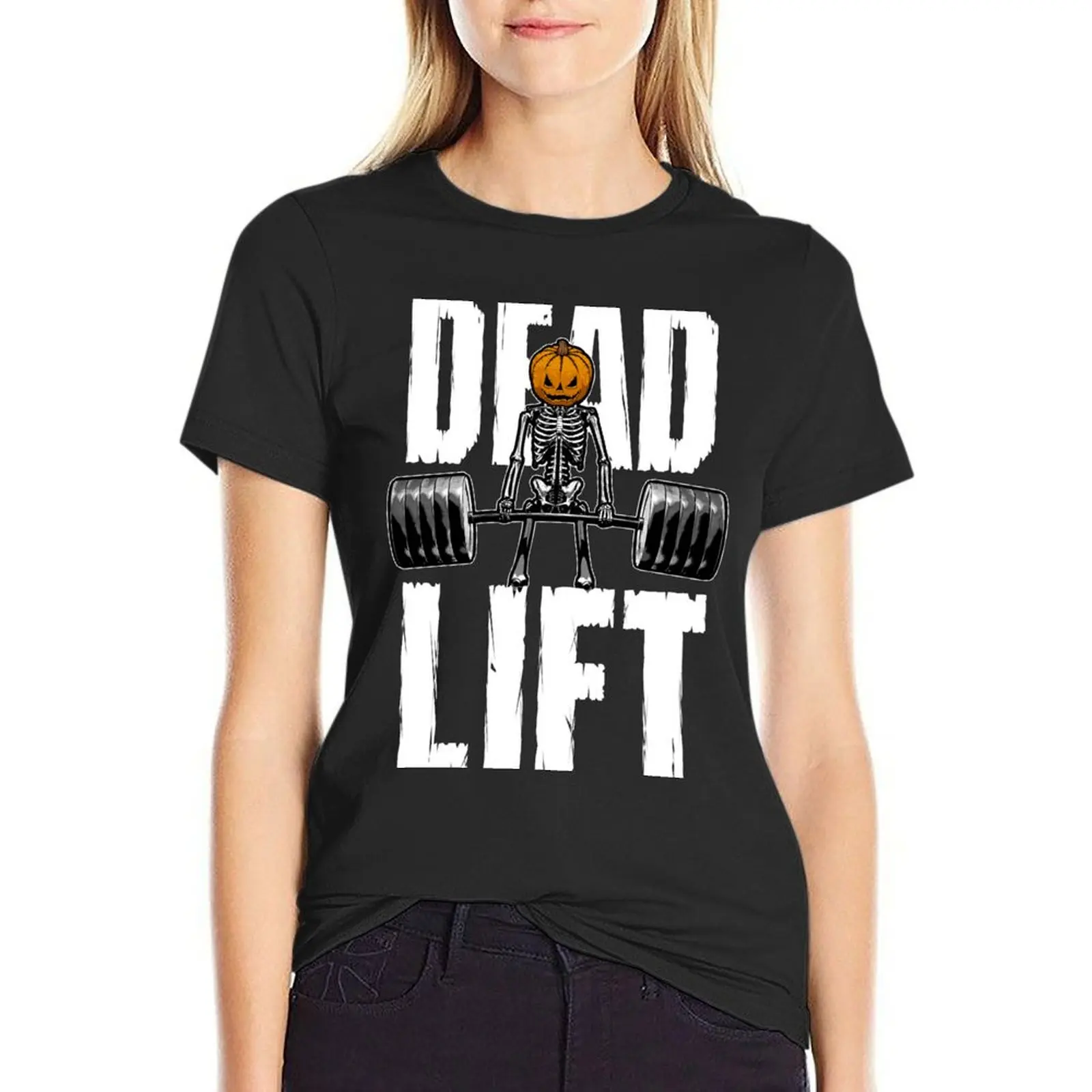 

Halloween Gym Deadlift Skeleton Pumpkin Goth Fitness Workout T-Shirt tops cute clothes funnys tshirts woman