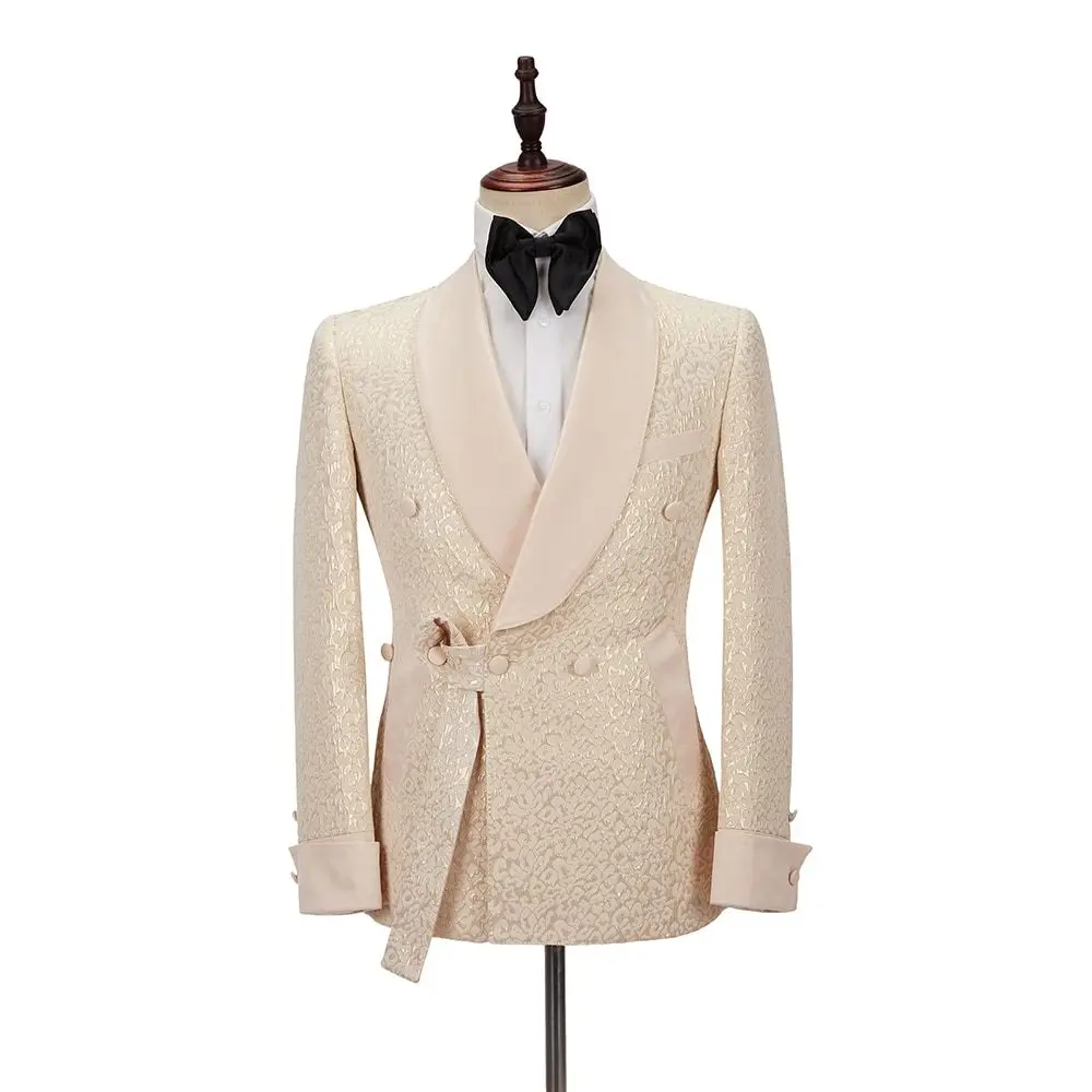 

Beige Jacquard Men' s Suit One Piece Blazer Tuxedo One Button Jacket Satin Lapel Gentle Business Modern Wedding Groom Tailored