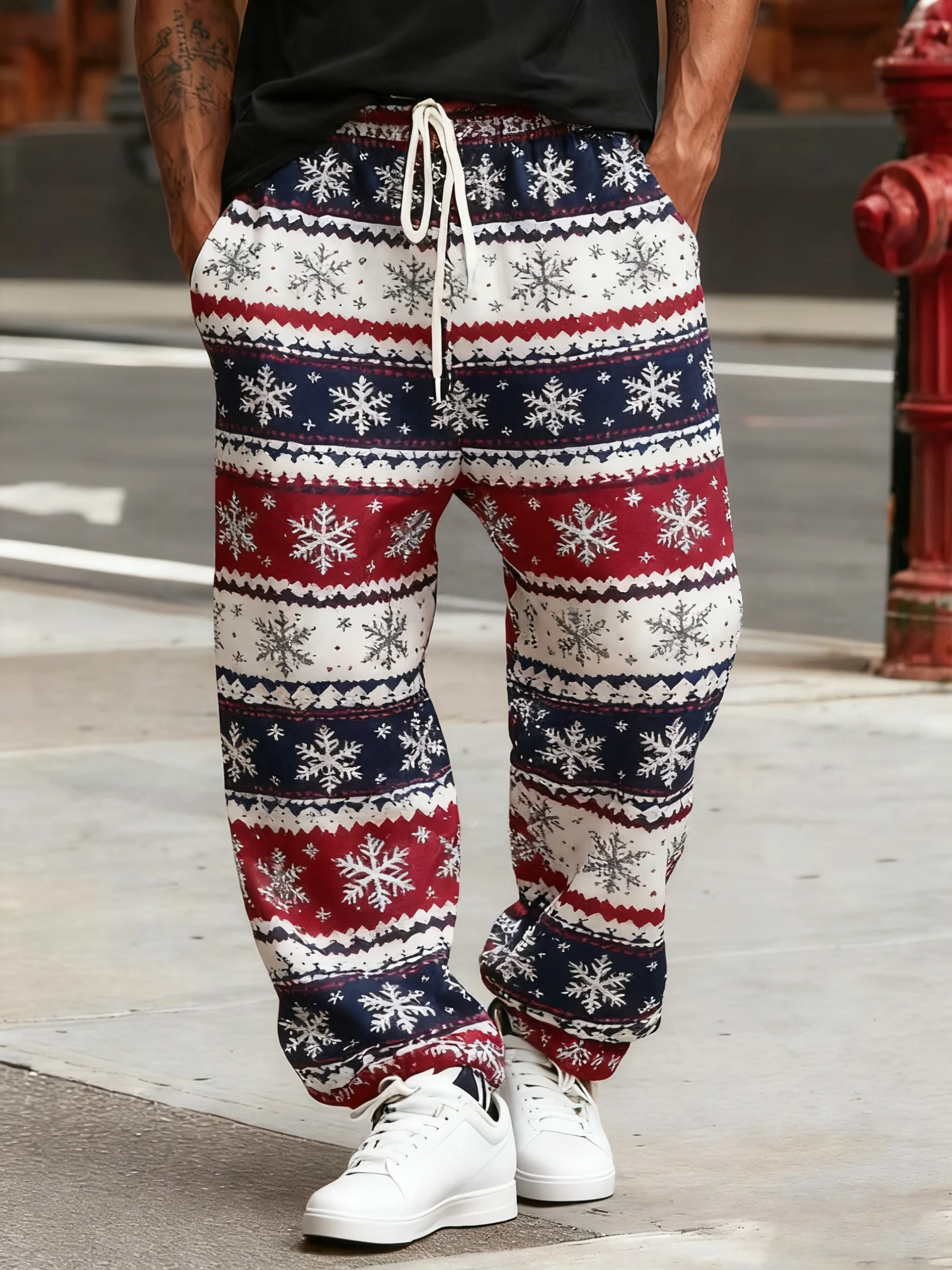 2026 Christmas Men Jogger Pants Snowflake Striped Print Drawstring Waist Holiday Casual Trousers Men's Clothing