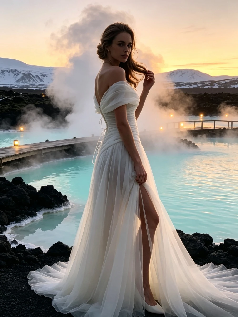 Customized Off Shoulder Chiffon Evening Dress 2026 A Drape and High Seam Waist Cinching Elegant Ball Gown Suitable for Weddings