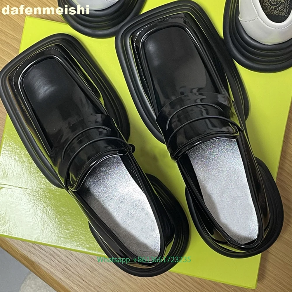 Karree-Slipper für Damen, Loafer mit dicken Sohlen, Lackleder-Schuhe, Frühling, dicke Absätze, Schnürschuhe, 2023, modische Schuhe aus echtem Leder