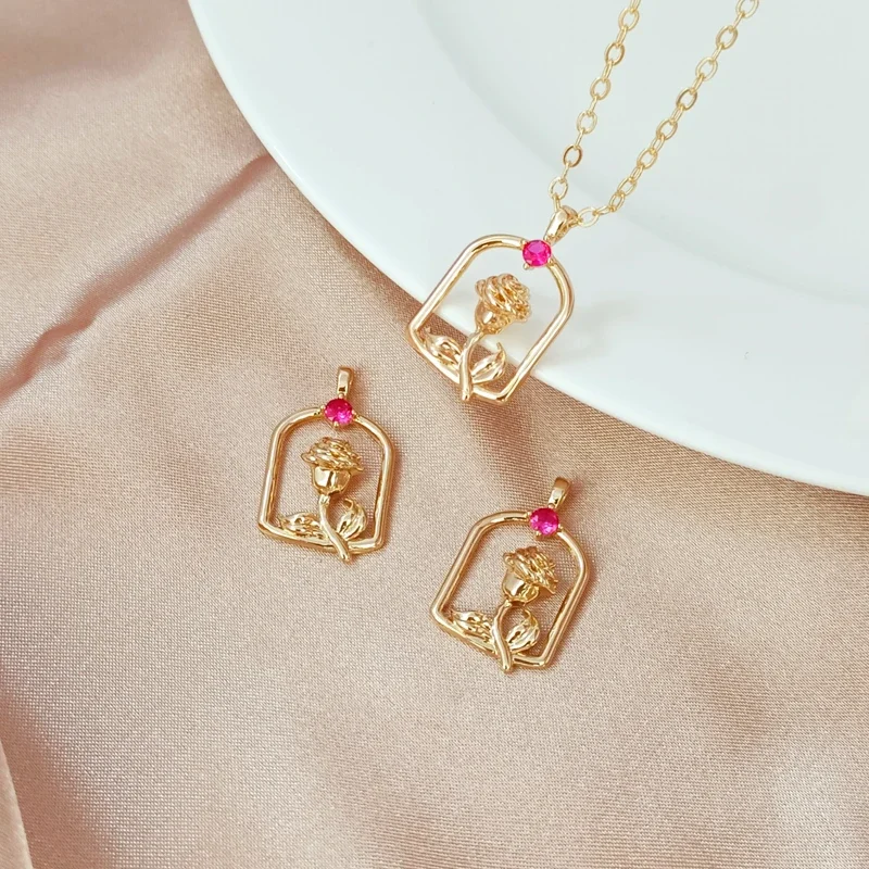 

14K Gold-plated, Zircon Inlaid Three-dimensional Rose Pendant, Handcrafted DIY Accessory Material, Tag and Pendant